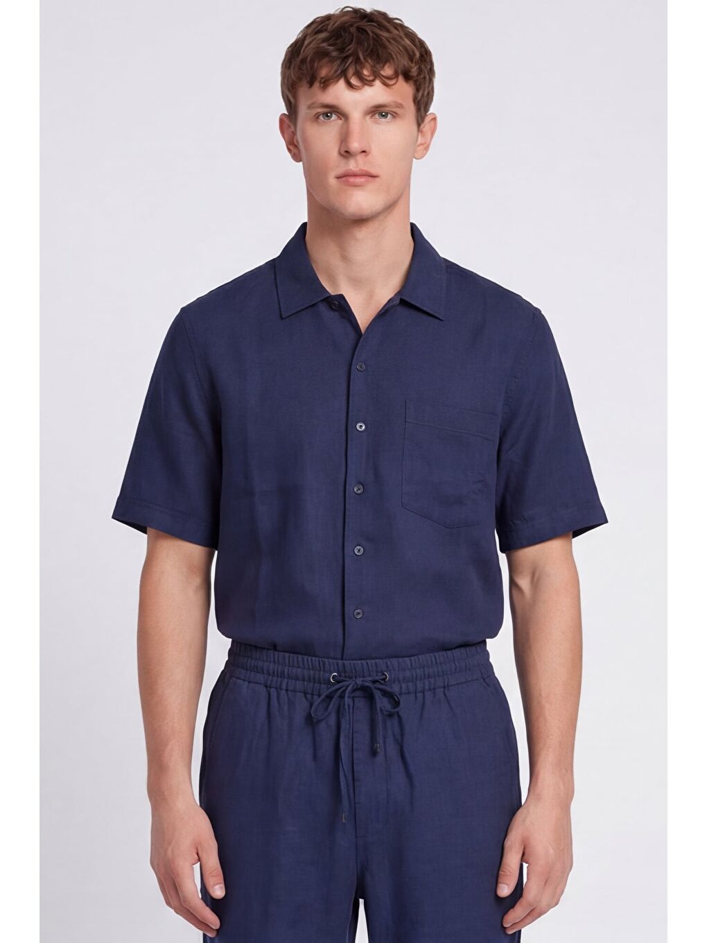 Giotelli Açık Lacivert Normal Kesim Regular Fit Pamuklu Dokuma Lastikli Bel Kamp Yaka Takım