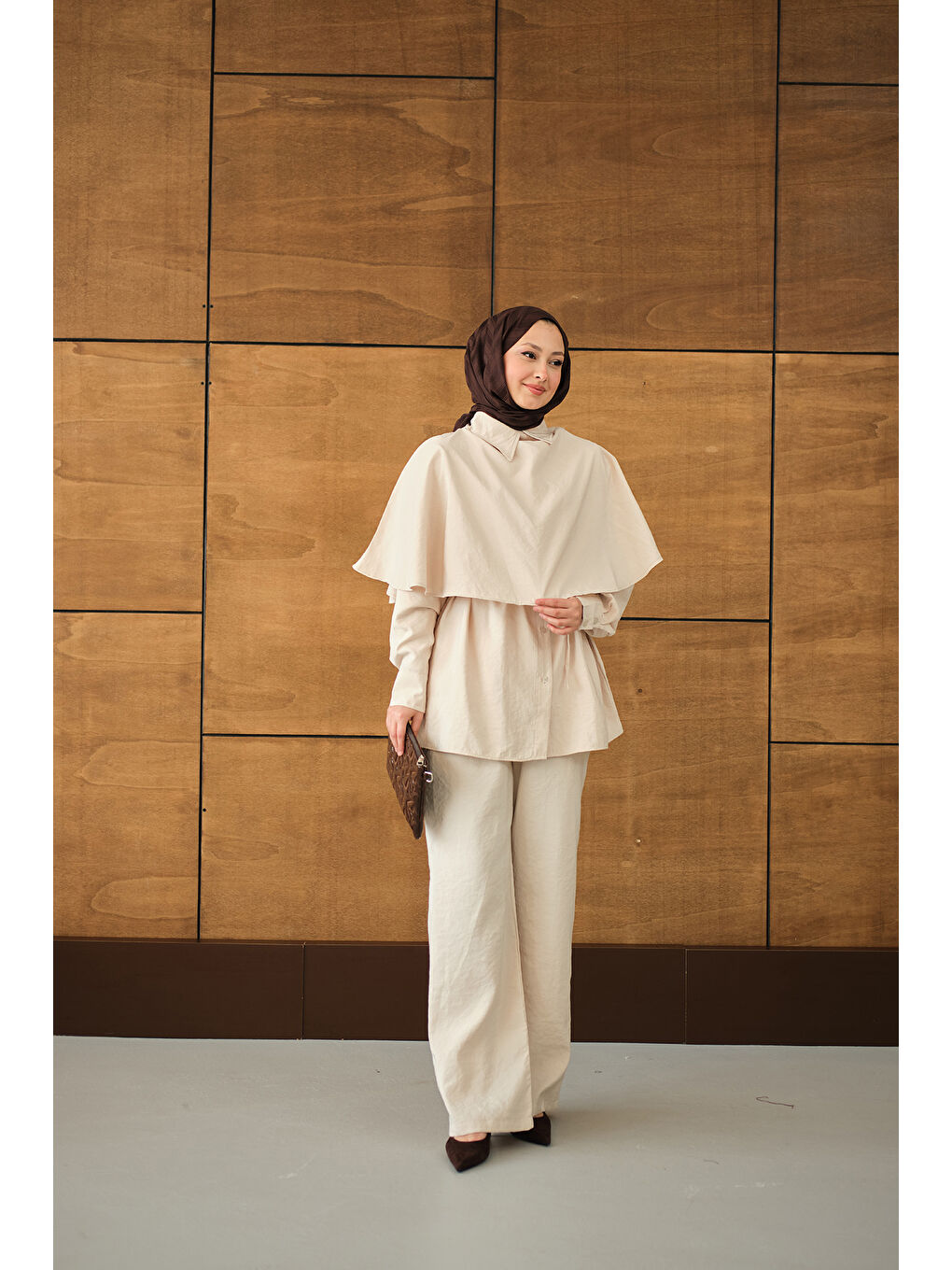 Ekru Kadın Şal Detay Bel Bağlamalı Gömlekli Takım Krem-4