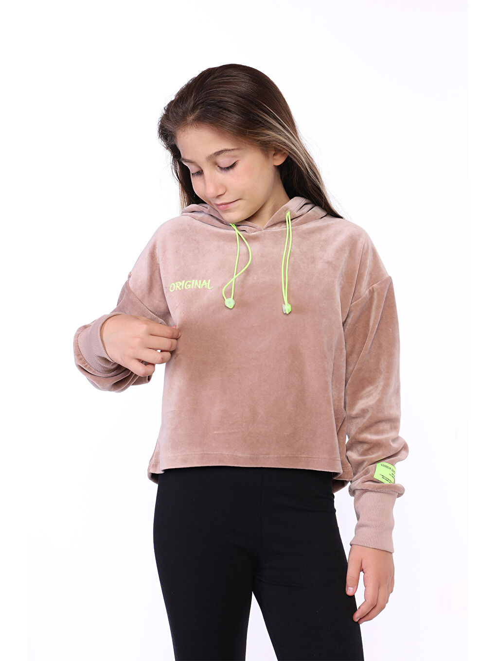 Toontoykids Kahverengi Kız Çocuk Kapüşonlu Kadife Sweatshirt