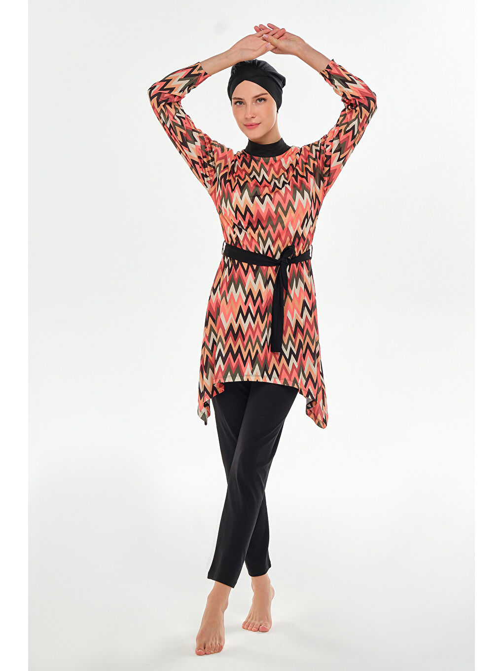 Elastanlı Tam Kapalı Tesettür Mayo Zigzag Desenli 3112 Siyah-4