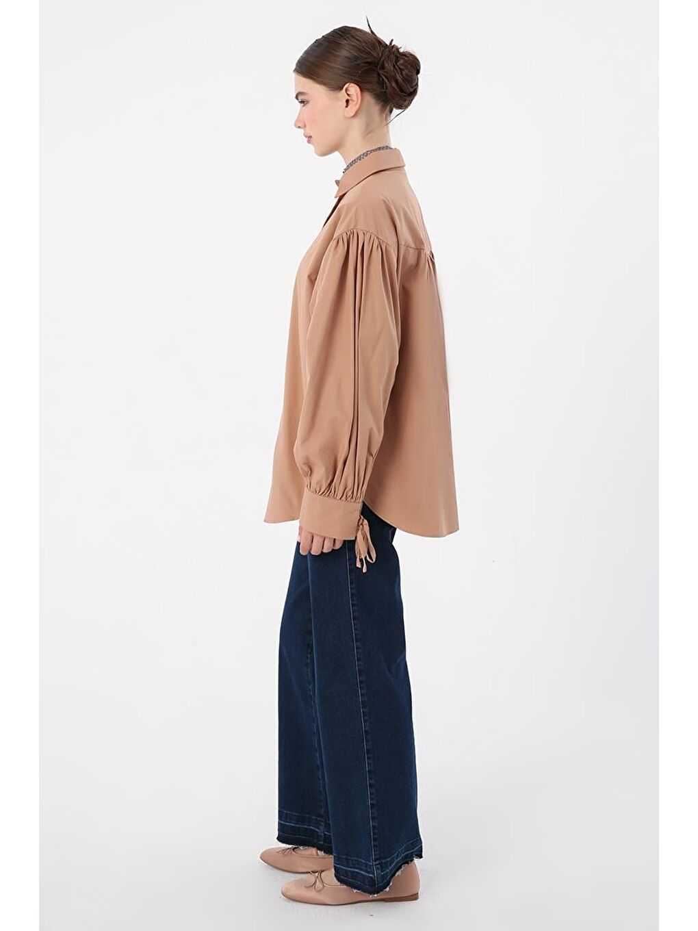 Kahverengi Toprak-%100 Pamuk Kolları Bağlama Detaylı Gömlek-2