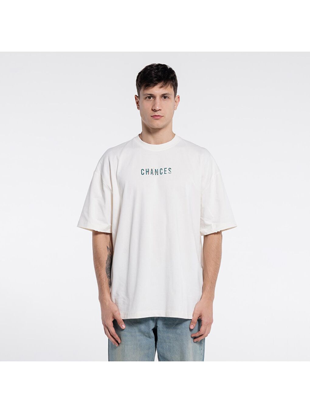 Erkek Kırık Beyaz %100 Cotton Bisiklet Yaka Oversize Tişört-1