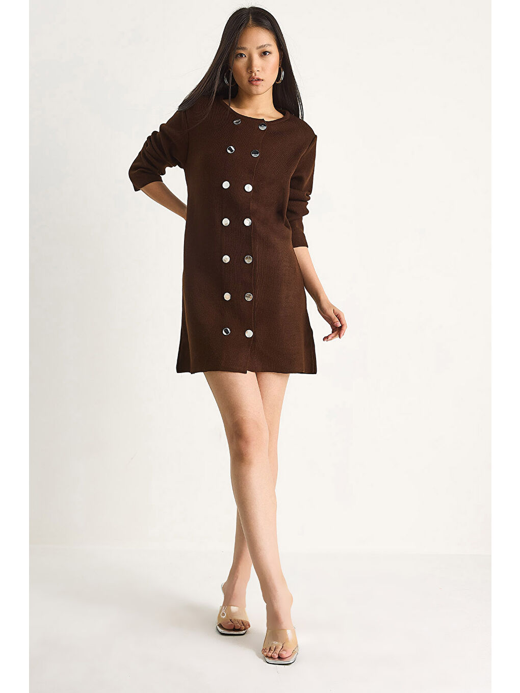 Kahverengi Kadın Bisiklet Yaka Düğme Detaylı Triko Elbise
