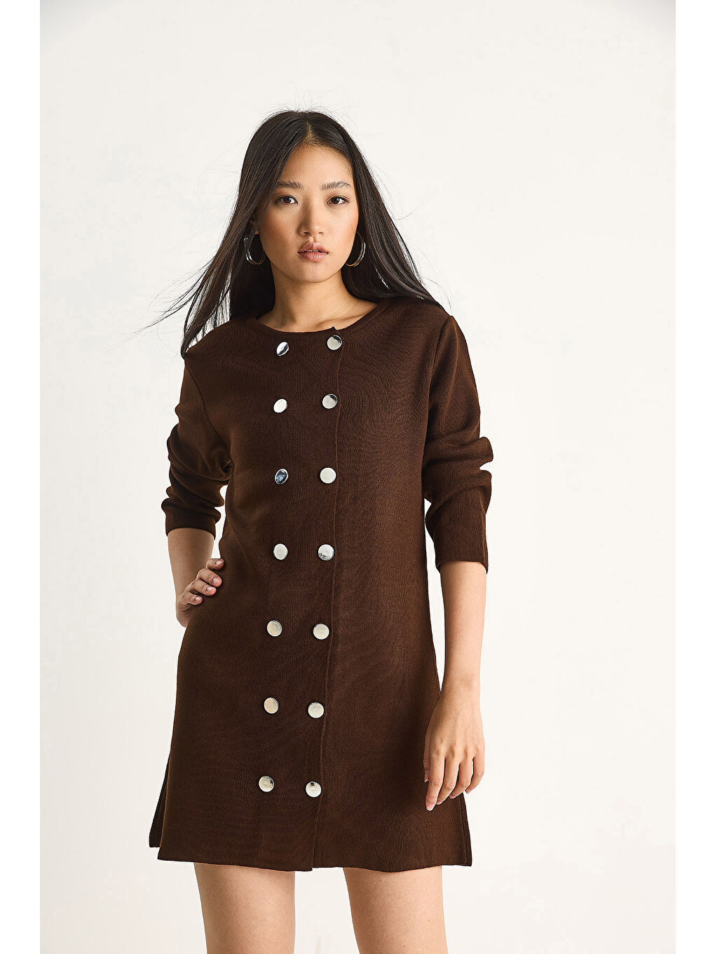 Kahverengi Kadın Bisiklet Yaka Düğme Detaylı Triko Elbise-1