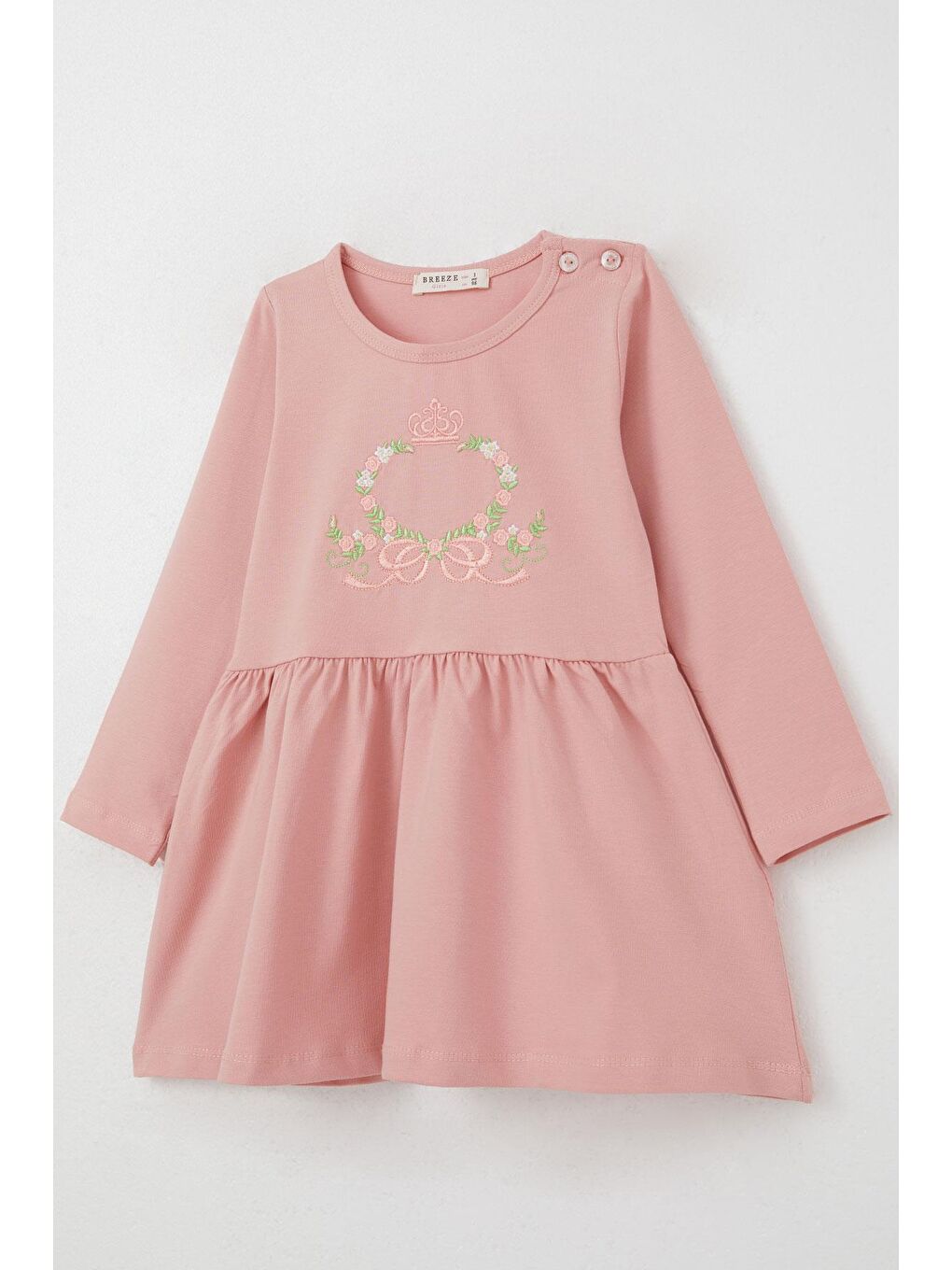Pembe Kız Çocuk Uzun Kollu Elbise Renkli Çiçek Nakışlı Gülkurusu (1.5-5 Yaş)-2