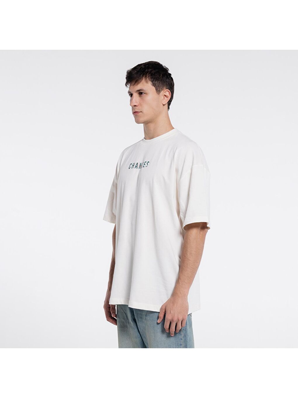 Erkek Kırık Beyaz %100 Cotton Bisiklet Yaka Oversize Tişört-2