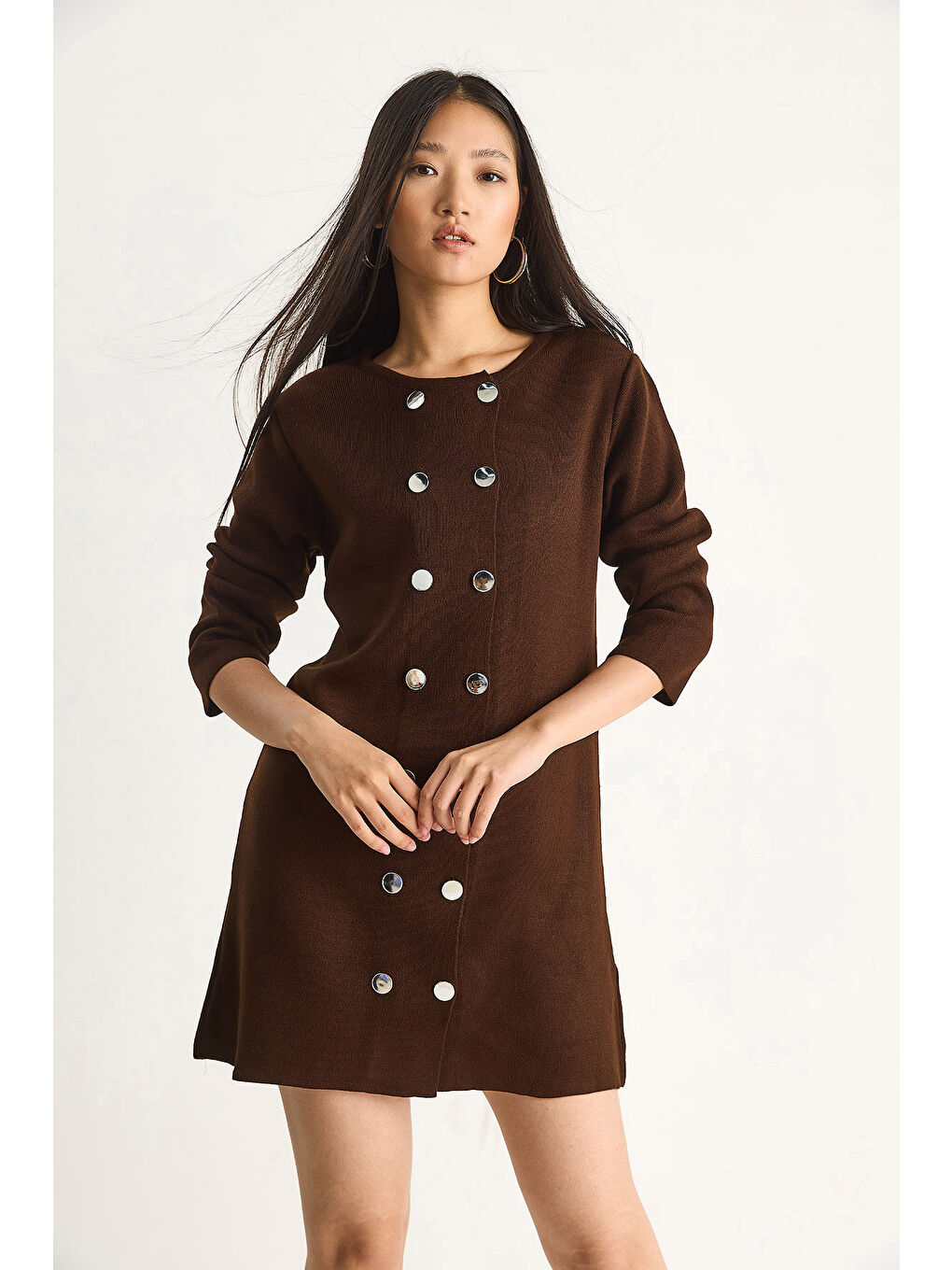 Kahverengi Kadın Bisiklet Yaka Düğme Detaylı Triko Elbise-2