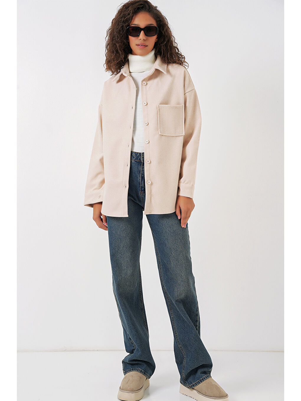 Ekru 20273 Tek Cepli Düğmeli Kaşe Gömlek - Krem-1