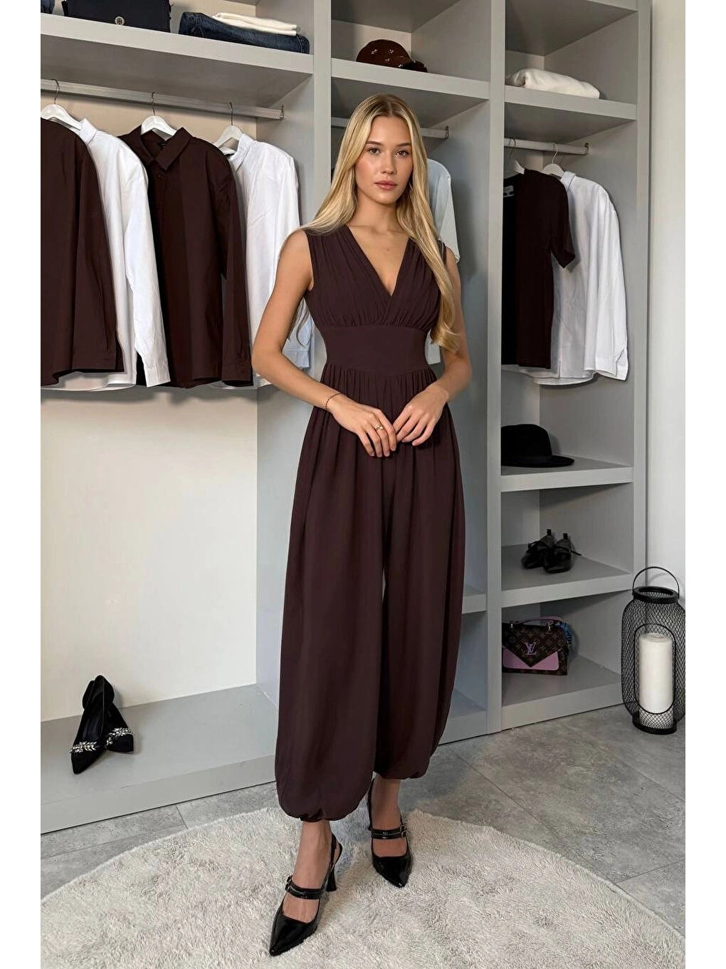 Kahverengi Kadın Kahve Büzgülü Tulum 1041-2790