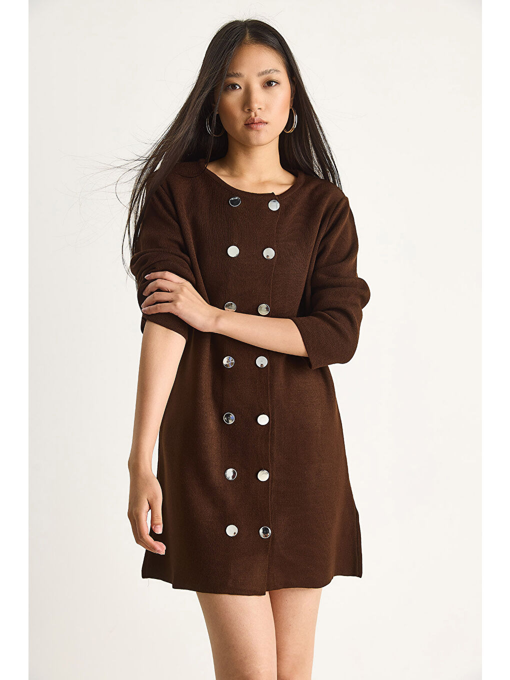 Kahverengi Kadın Bisiklet Yaka Düğme Detaylı Triko Elbise-3