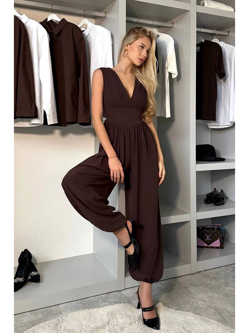 Kahverengi Kadın Kahve Büzgülü Tulum 1041-2790-1