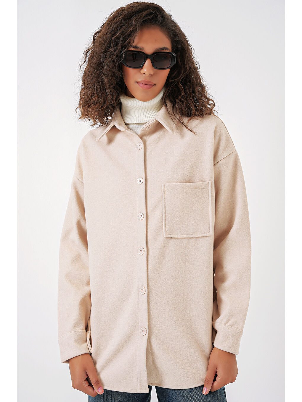 Ekru 20273 Tek Cepli Düğmeli Kaşe Gömlek - Krem-2