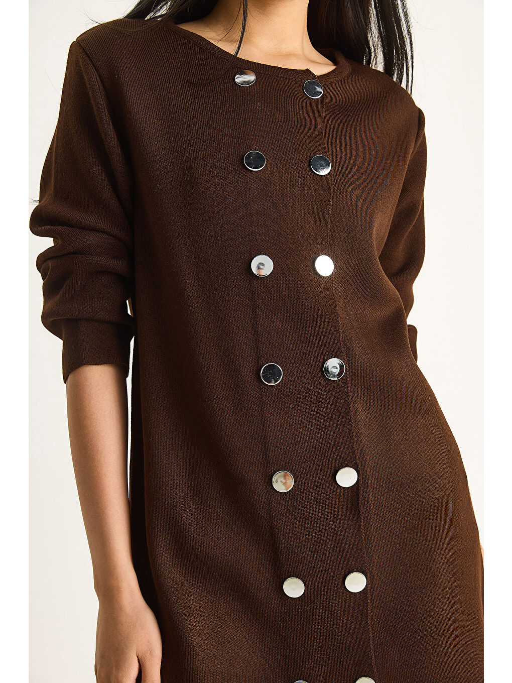 Kahverengi Kadın Bisiklet Yaka Düğme Detaylı Triko Elbise-4