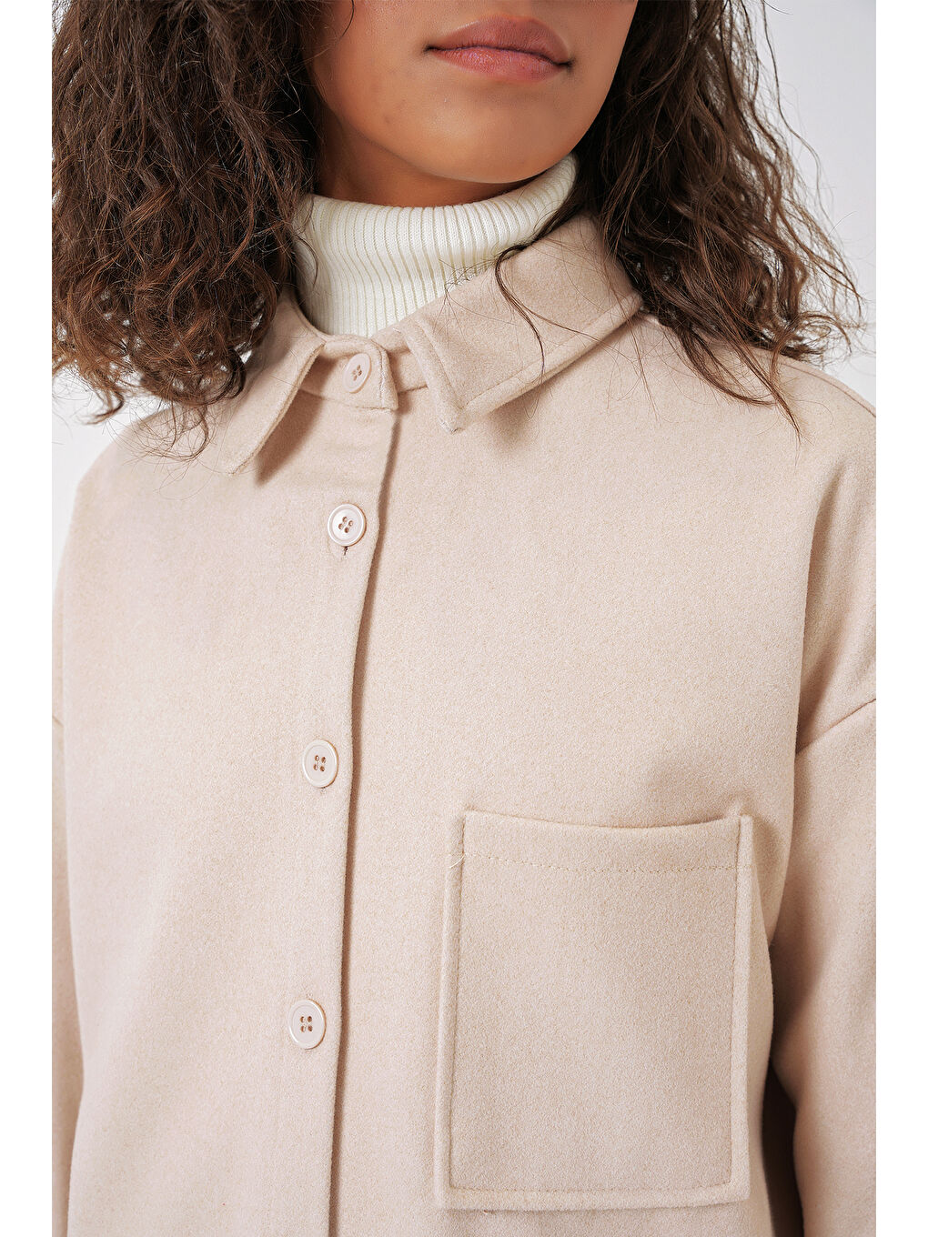 Ekru 20273 Tek Cepli Düğmeli Kaşe Gömlek - Krem-3