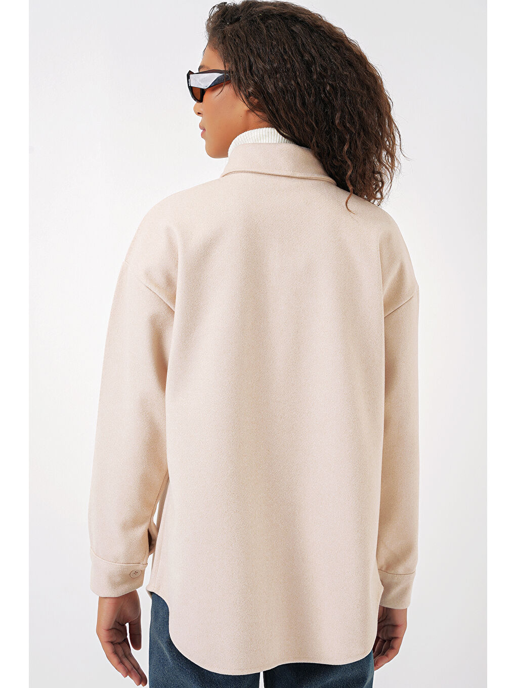 Ekru 20273 Tek Cepli Düğmeli Kaşe Gömlek - Krem-4