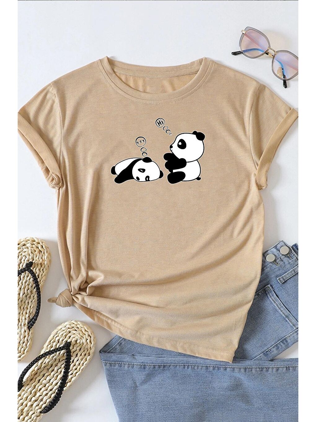 uyguntarz Bej Unisex Uykucu Panda Baskılı Tasarım Tshirt