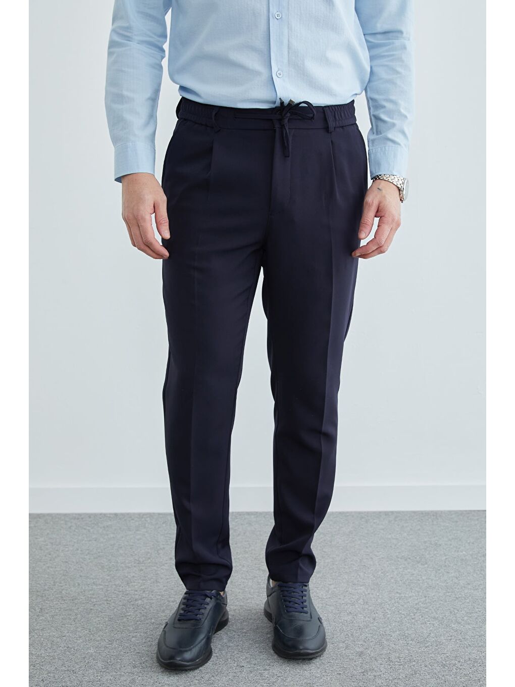 Lacivert Beli Bağcıklı Lastikli Kumaş Pantolon-1