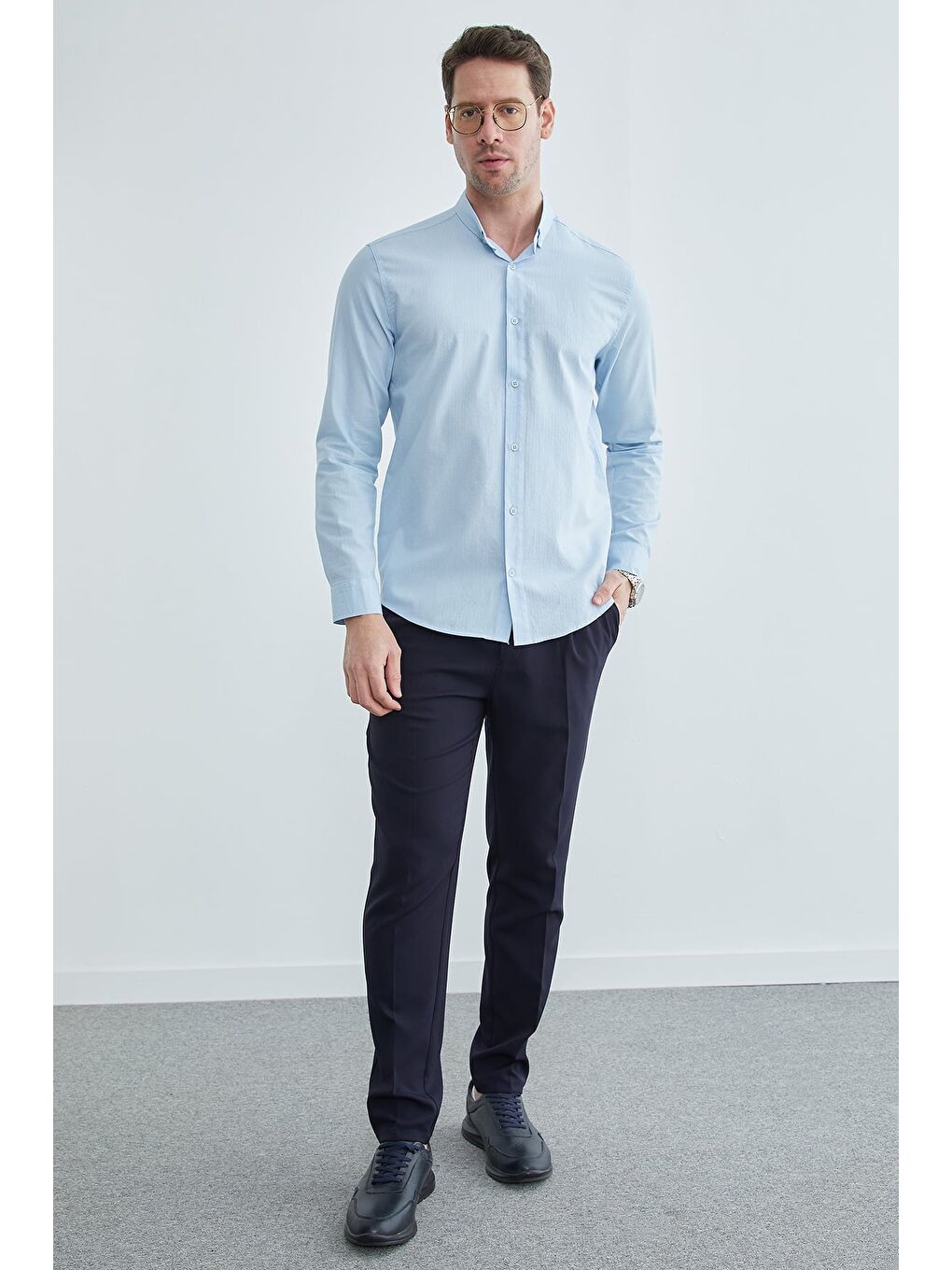 Lacivert Beli Bağcıklı Lastikli Kumaş Pantolon-2