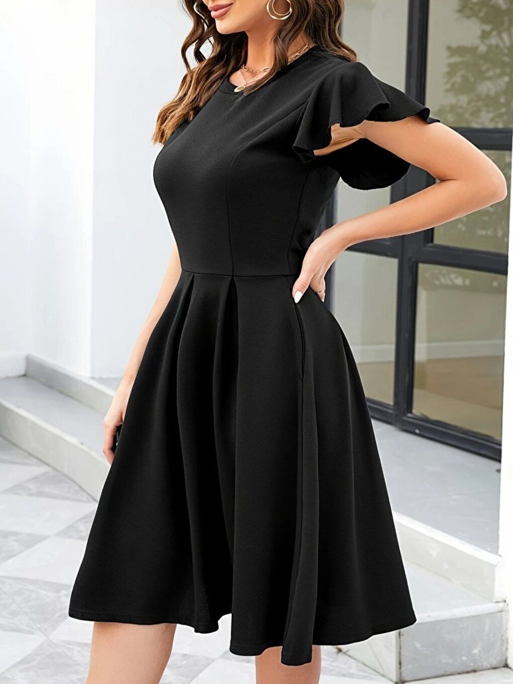 Siyah Kadın Kelebek Kollu Bisiklet Yakalı Pileli Ithal Krep Elbise-2