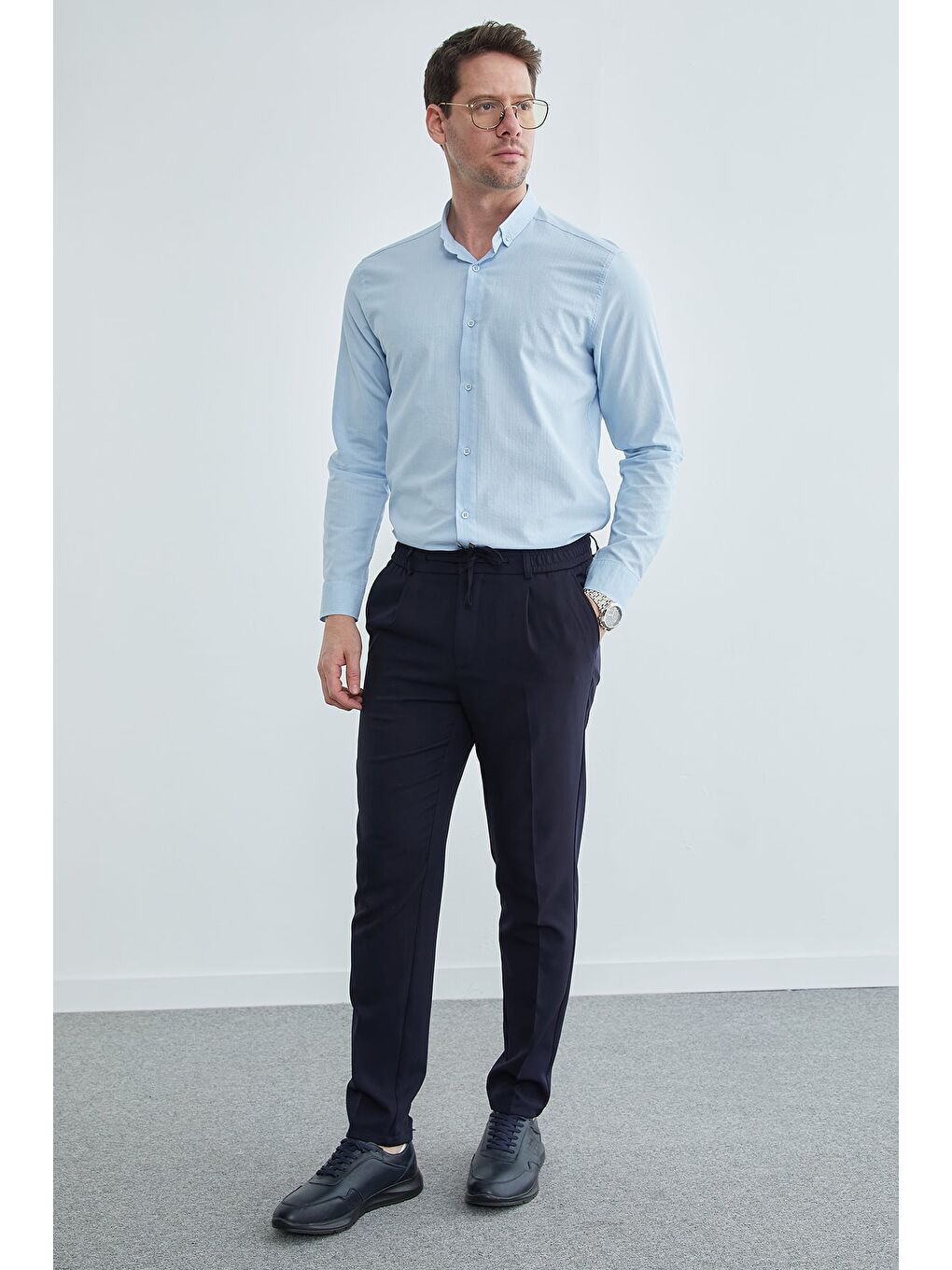 Lacivert Beli Bağcıklı Lastikli Kumaş Pantolon-4