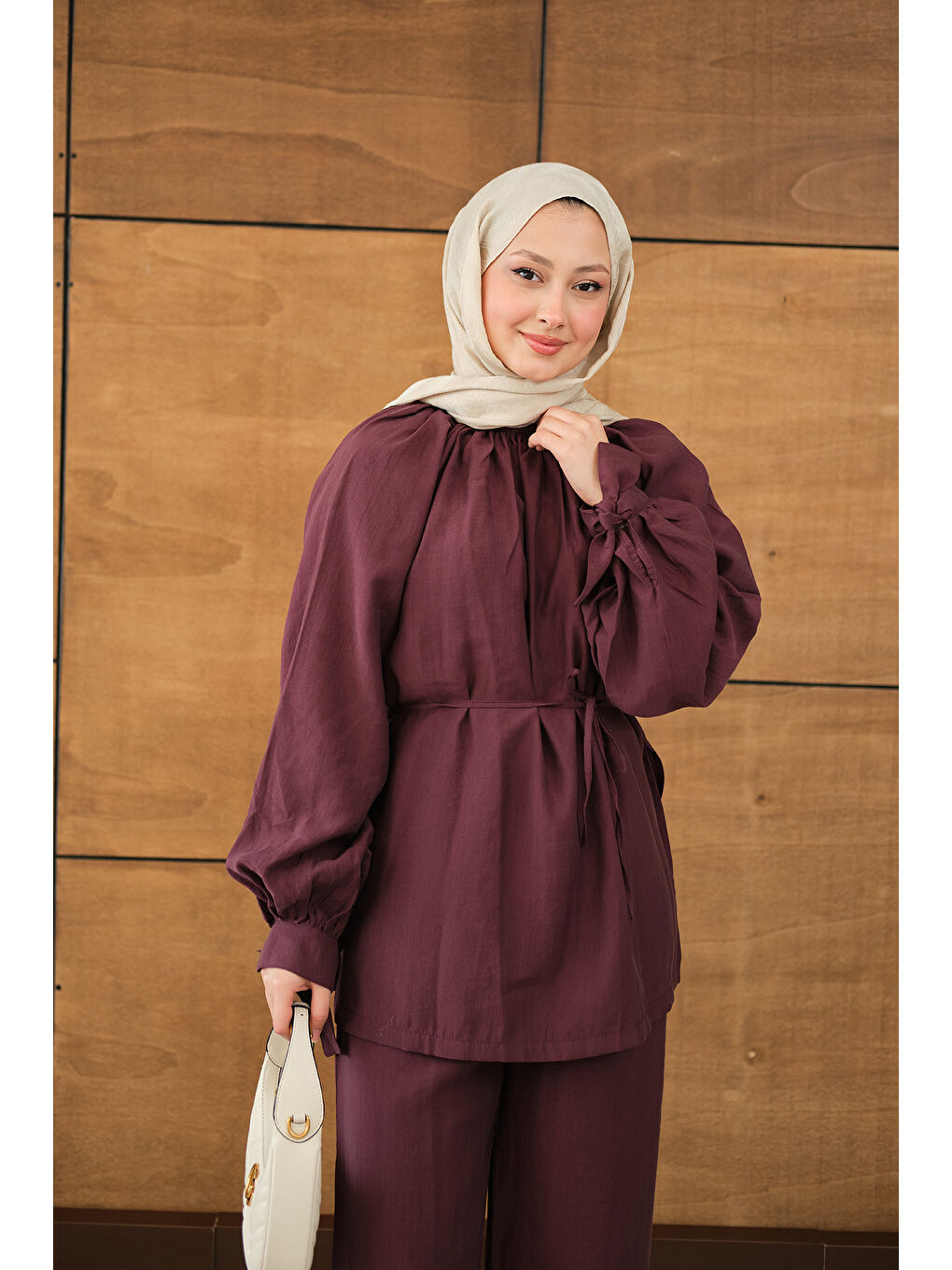 Kadın Yaka Büzgülü Bilek Bağlamalı Pantolonlu Takım Bordo-1