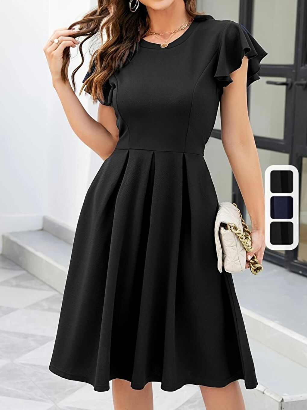 Siyah Kadın Kelebek Kollu Bisiklet Yakalı Pileli Ithal Krep Elbise-3