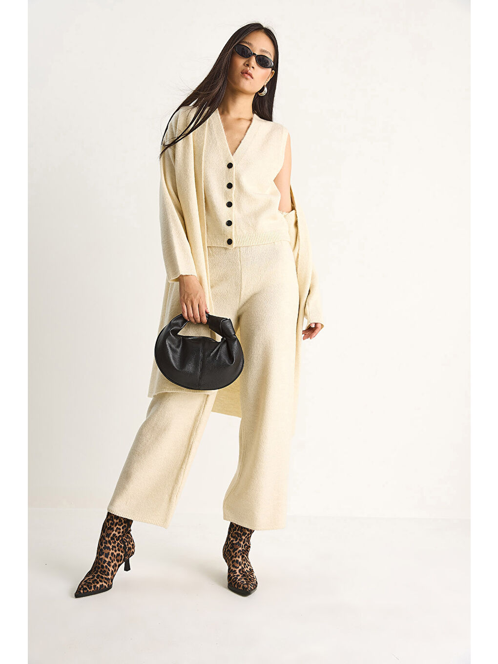 Ekru Kadın Yüksek Bel Pantolon Yelek Hırka Üçlü Triko Takım-1