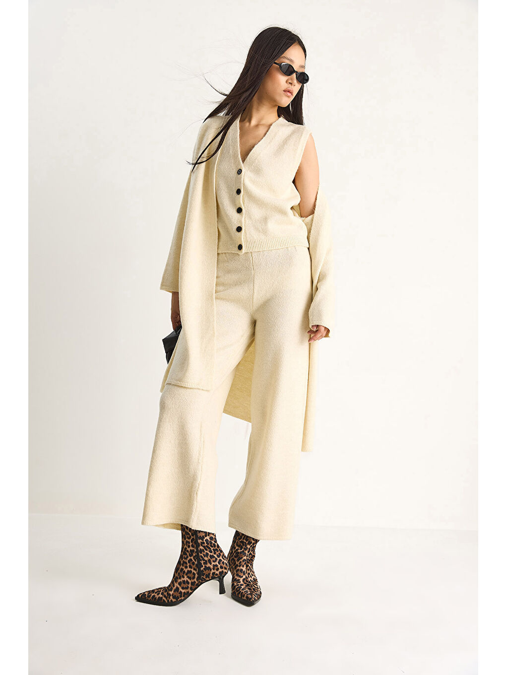 Ekru Kadın Yüksek Bel Pantolon Yelek Hırka Üçlü Triko Takım-2