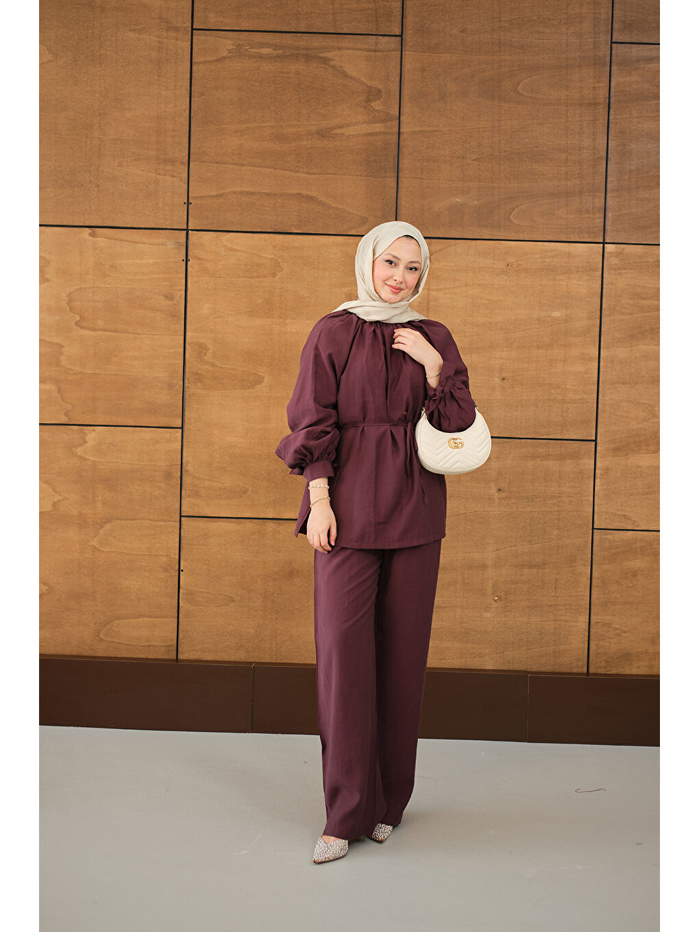 Kadın Yaka Büzgülü Bilek Bağlamalı Pantolonlu Takım Bordo-2
