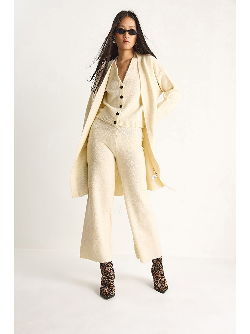 Ekru Kadın Yüksek Bel Pantolon Yelek Hırka Üçlü Triko Takım-5