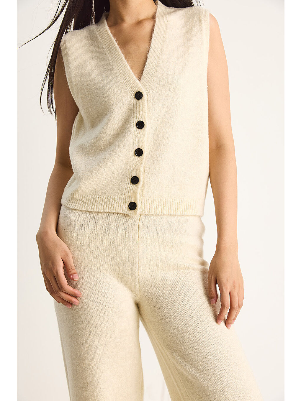 Ekru Kadın Yüksek Bel Pantolon Yelek Hırka Üçlü Triko Takım-6