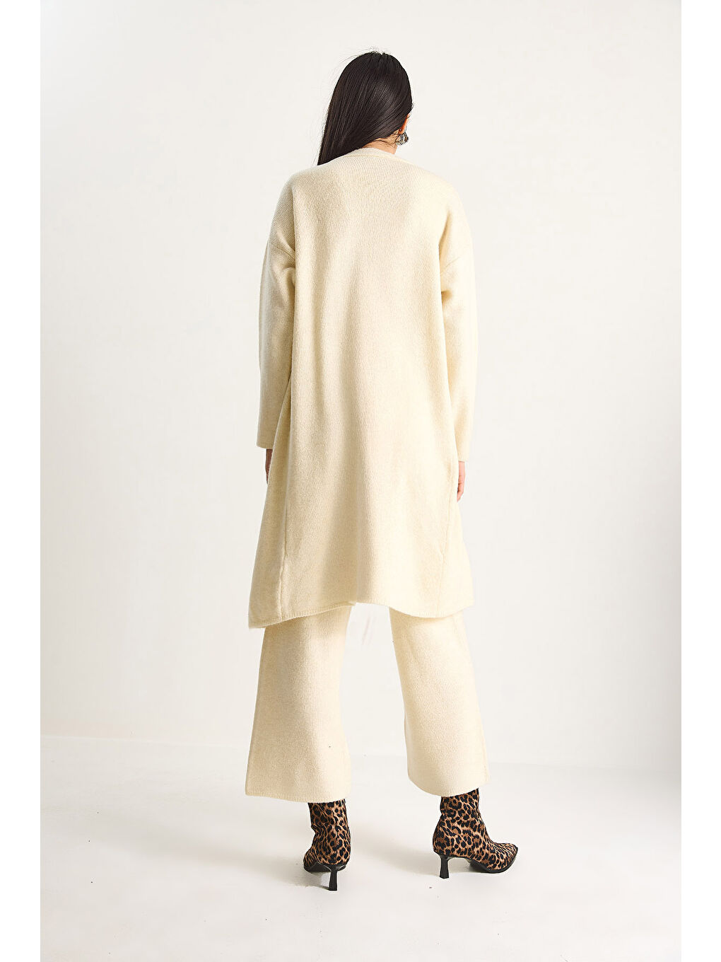 Ekru Kadın Yüksek Bel Pantolon Yelek Hırka Üçlü Triko Takım-7