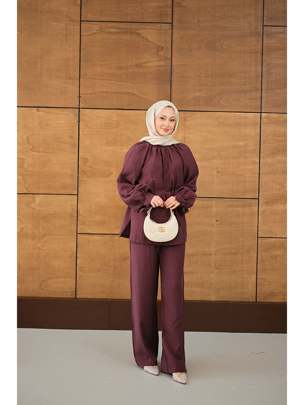 Kadın Yaka Büzgülü Bilek Bağlamalı Pantolonlu Takım Bordo-4