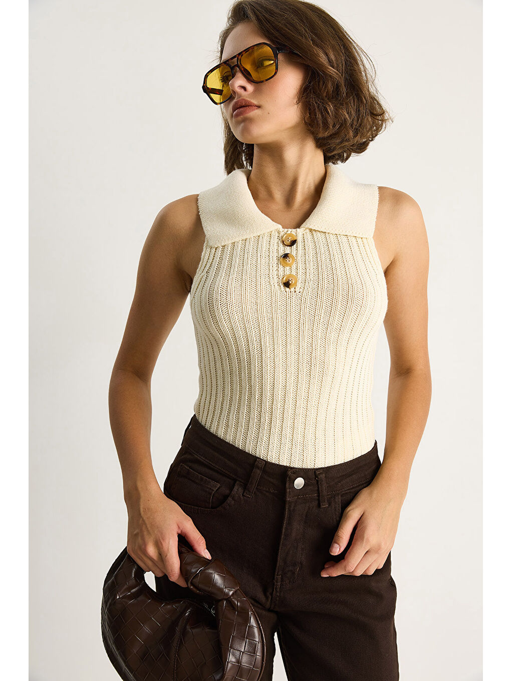 Ekru Kadın Yakalı Fitilli Yazlık Triko Bluz-1