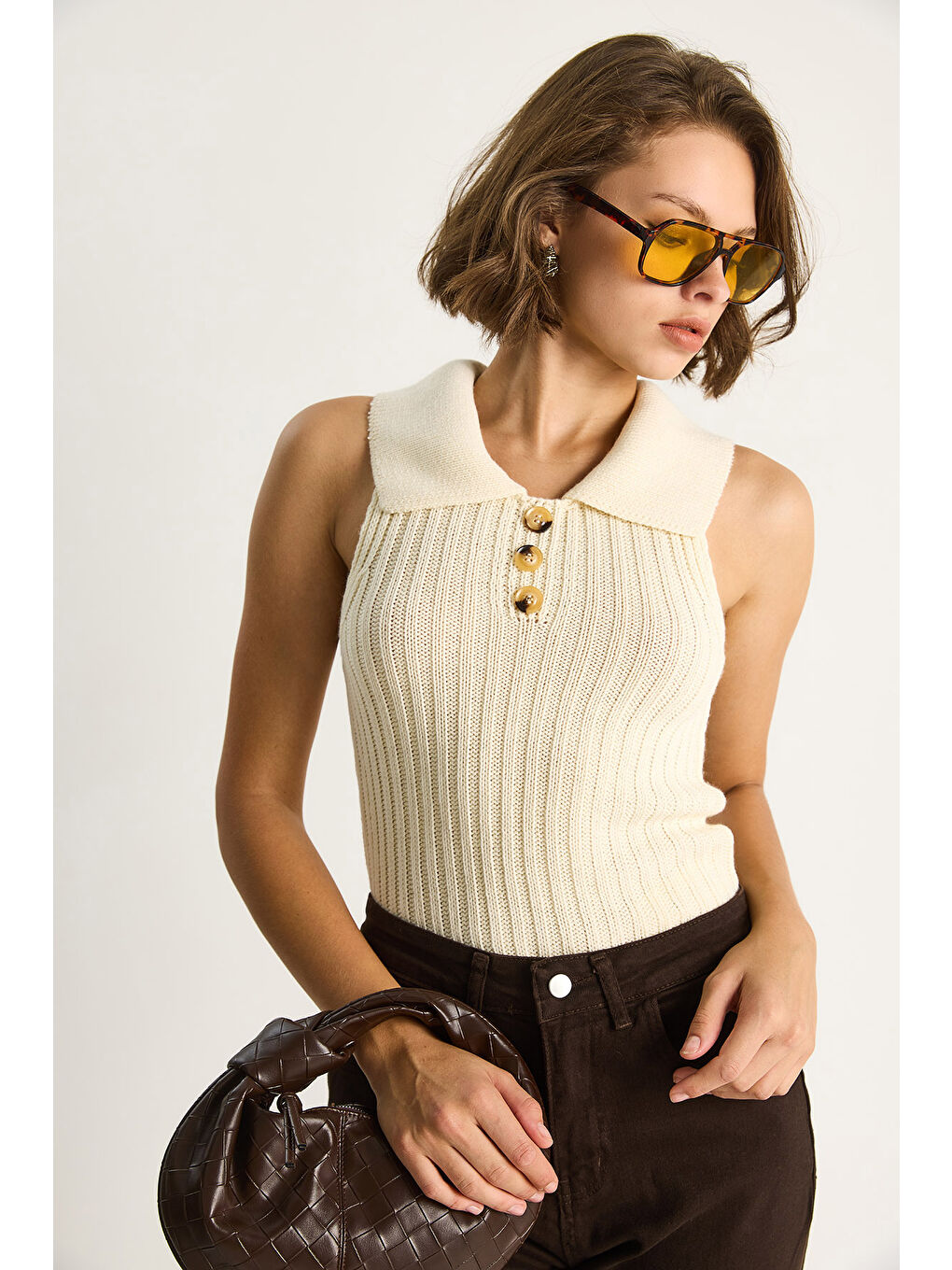 Ekru Kadın Yakalı Fitilli Yazlık Triko Bluz-2