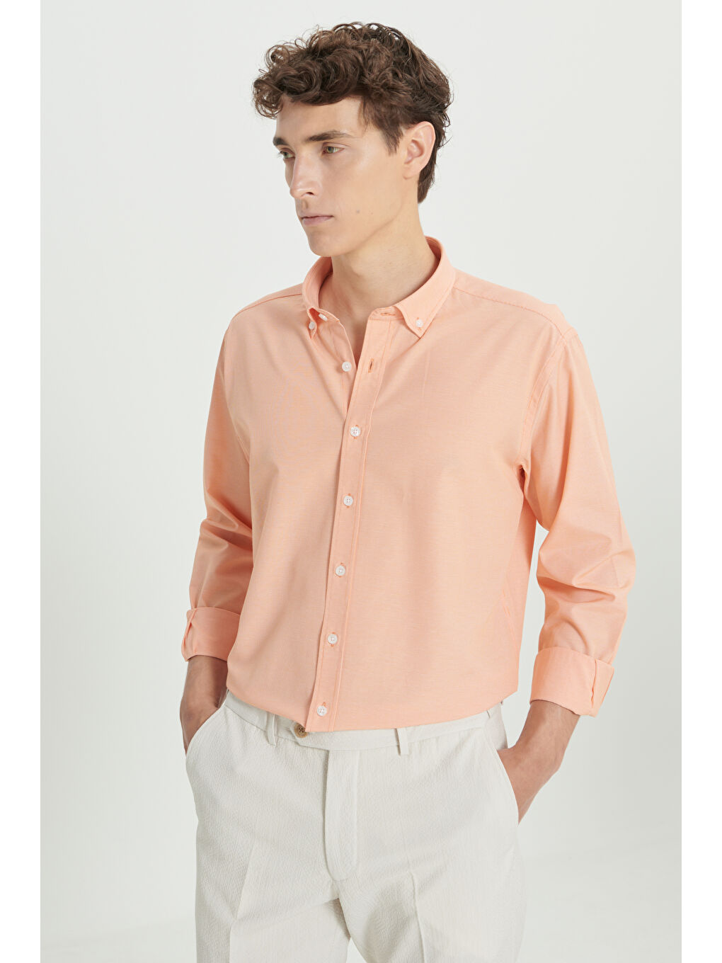 Erkek Turuncu Comfort Fit Rahat Kesim Gizli Düğme Yaka Pamuklu Kareli Gömlek