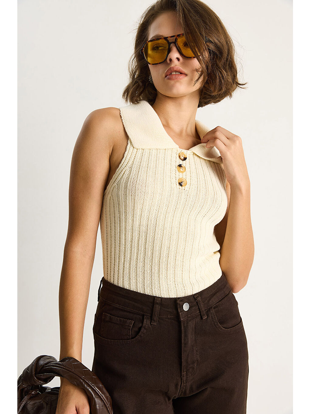 Ekru Kadın Yakalı Fitilli Yazlık Triko Bluz-4