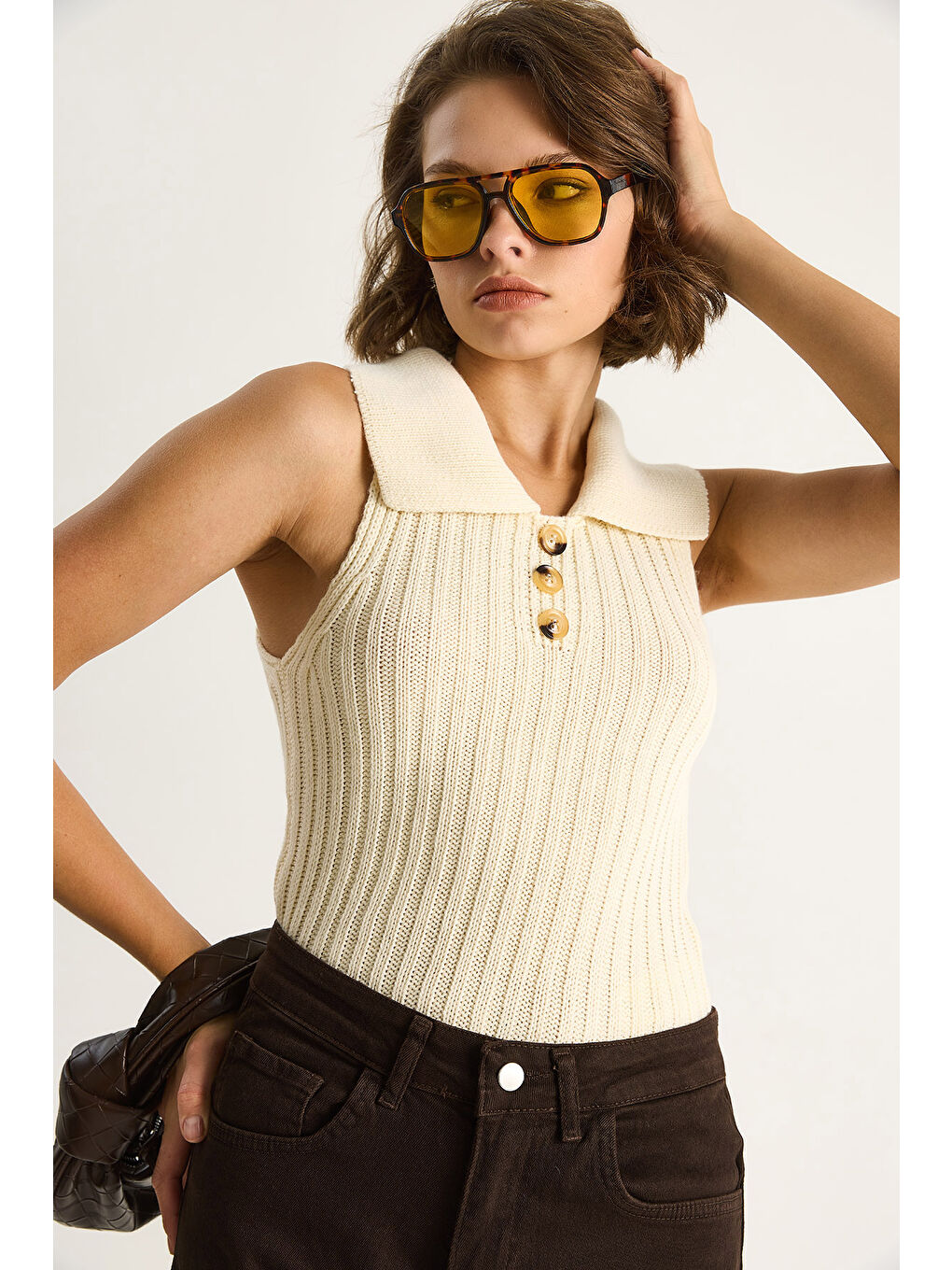 Ekru Kadın Yakalı Fitilli Yazlık Triko Bluz-5