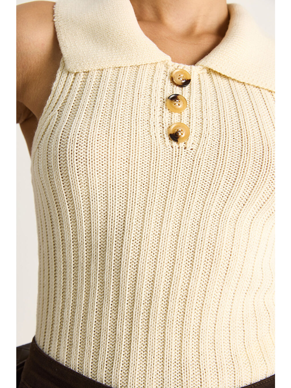 Ekru Kadın Yakalı Fitilli Yazlık Triko Bluz-6