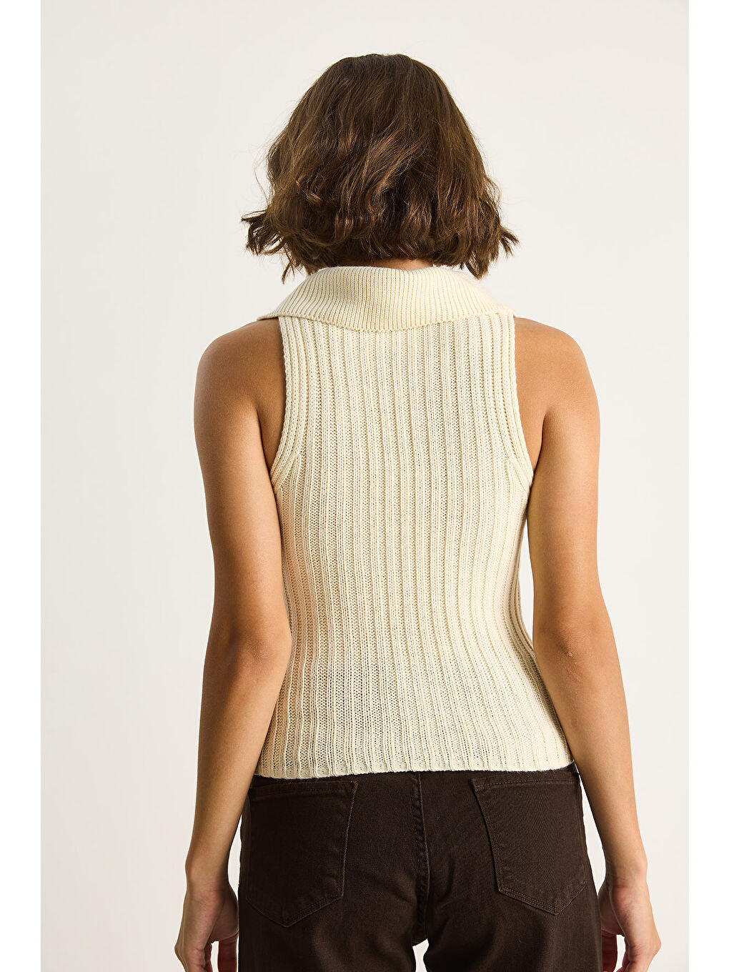 Ekru Kadın Yakalı Fitilli Yazlık Triko Bluz-7