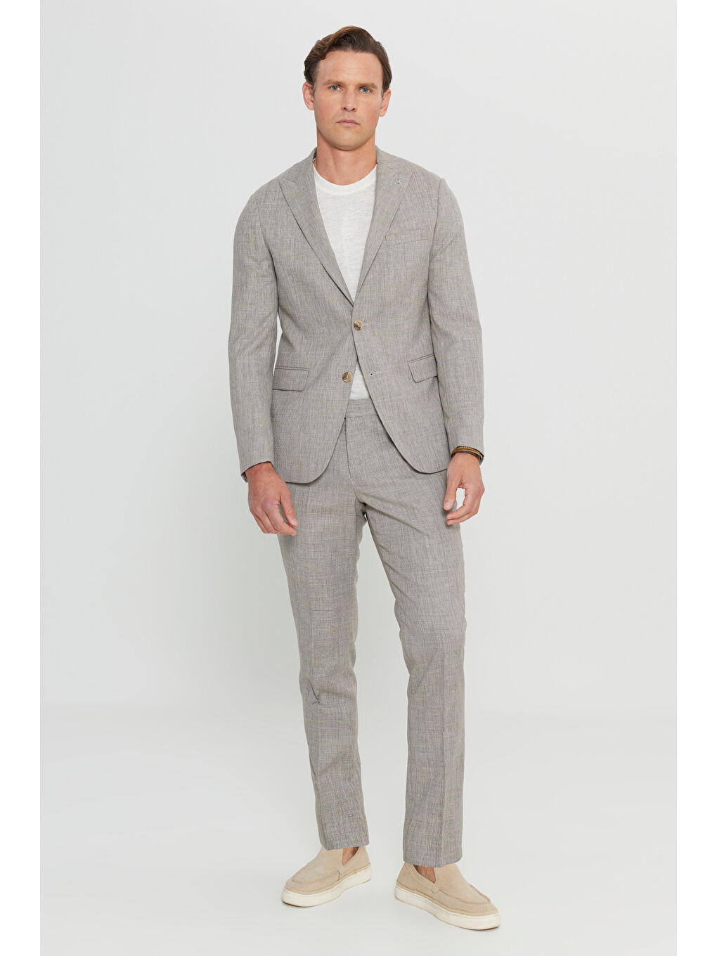 Kahverengi Erkek Açık Kahve Slim Fit Dar Kesim Kırlangıç Yaka Armürlü Kapak Cepli Esnek Takım Elbise