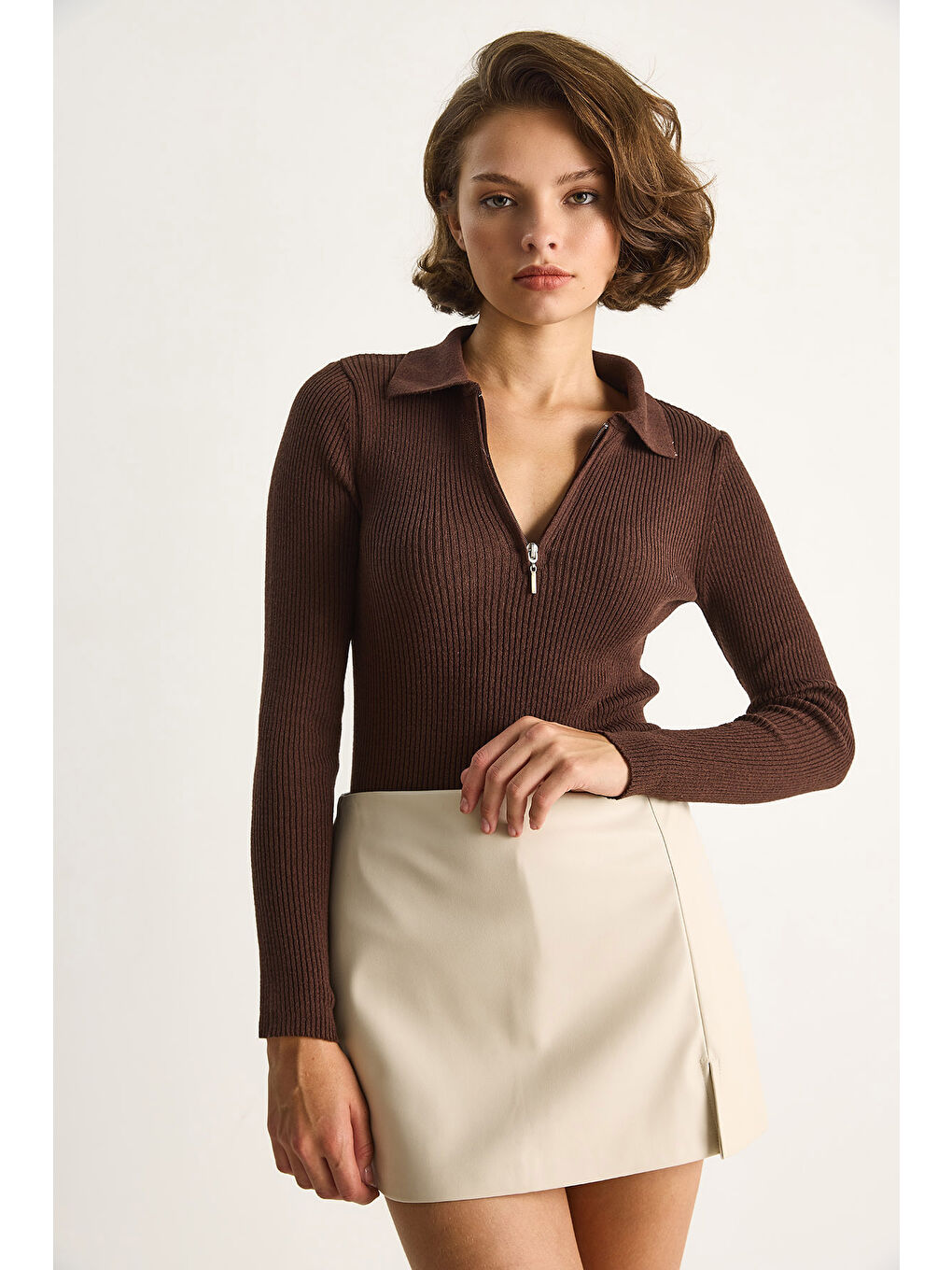 Kahverengi Kadın Fermuarlı Kazak-1