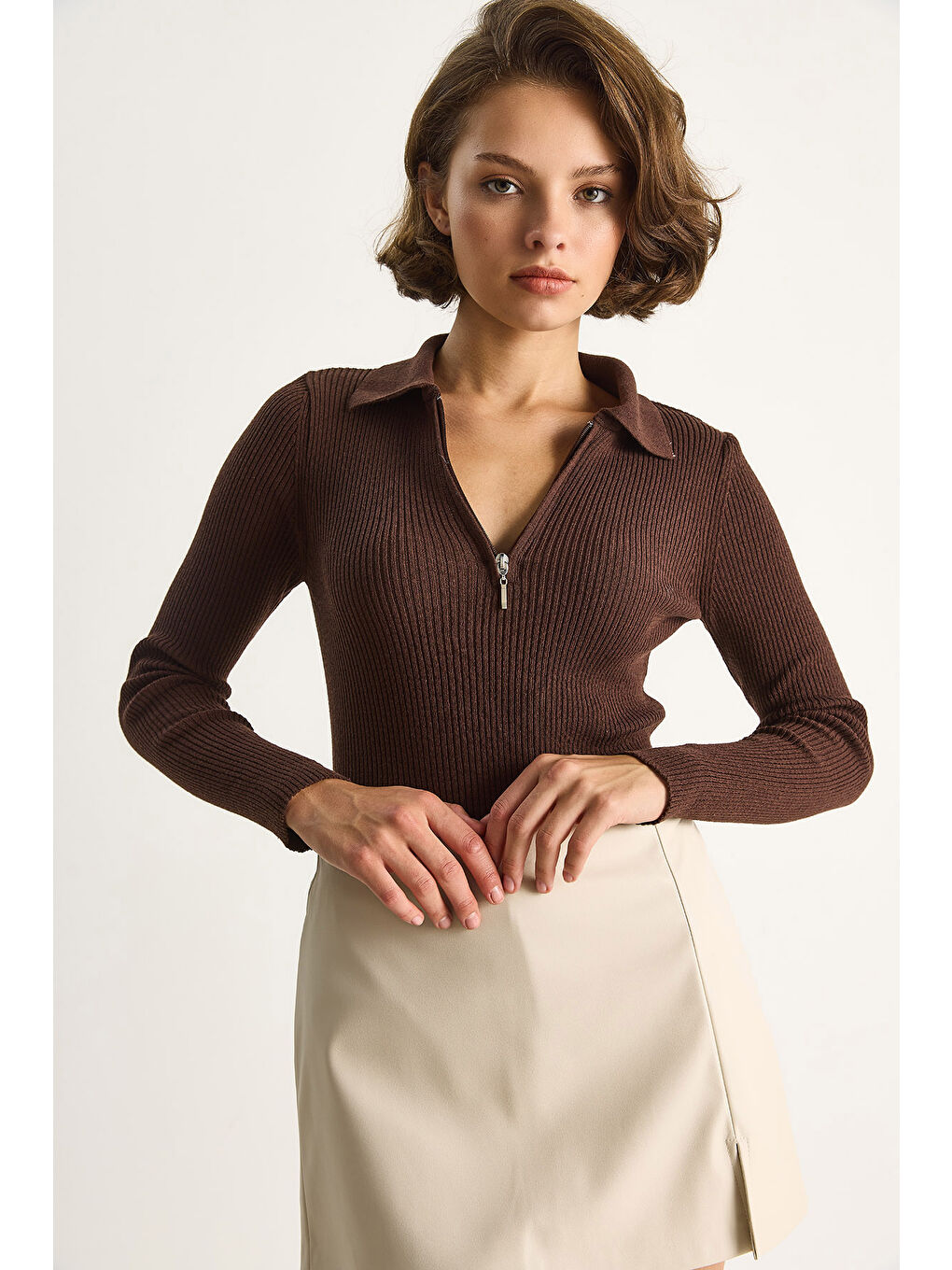 Kahverengi Kadın Fermuarlı Kazak-2