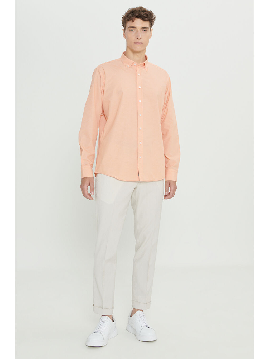 Erkek Turuncu Comfort Fit Rahat Kesim Gizli Düğme Yaka Pamuklu Kareli Gömlek-1