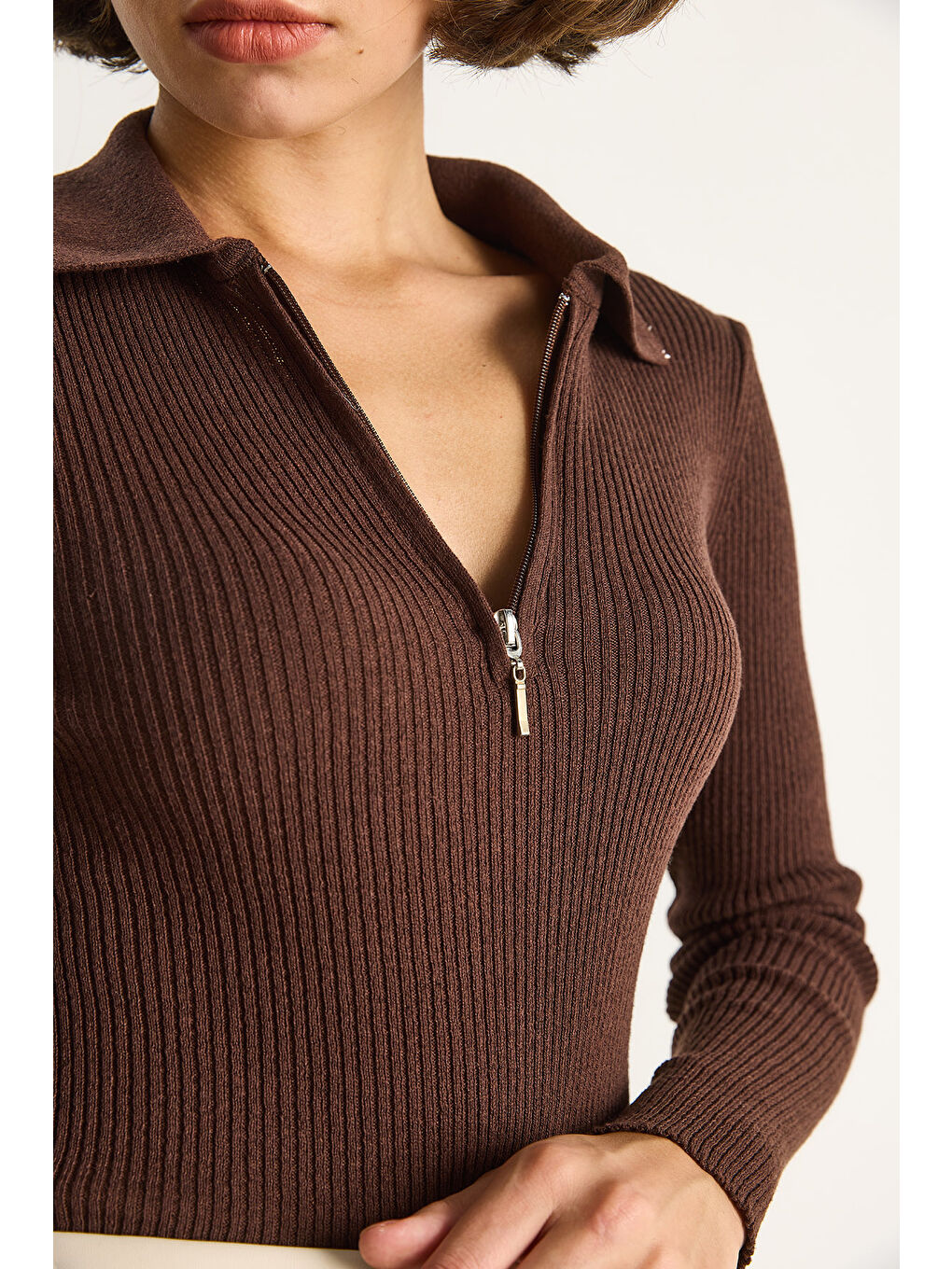 Kahverengi Kadın Fermuarlı Kazak-4