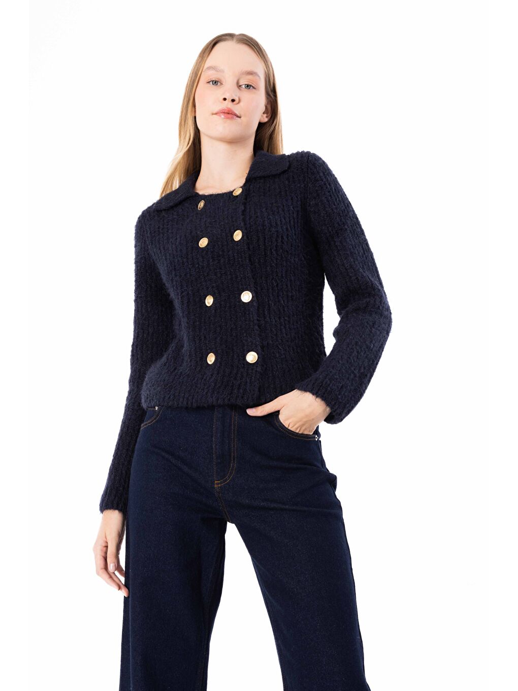 Spezia - Örgü Detaylı Uzun Kollu Kazak - Lacivert Renk