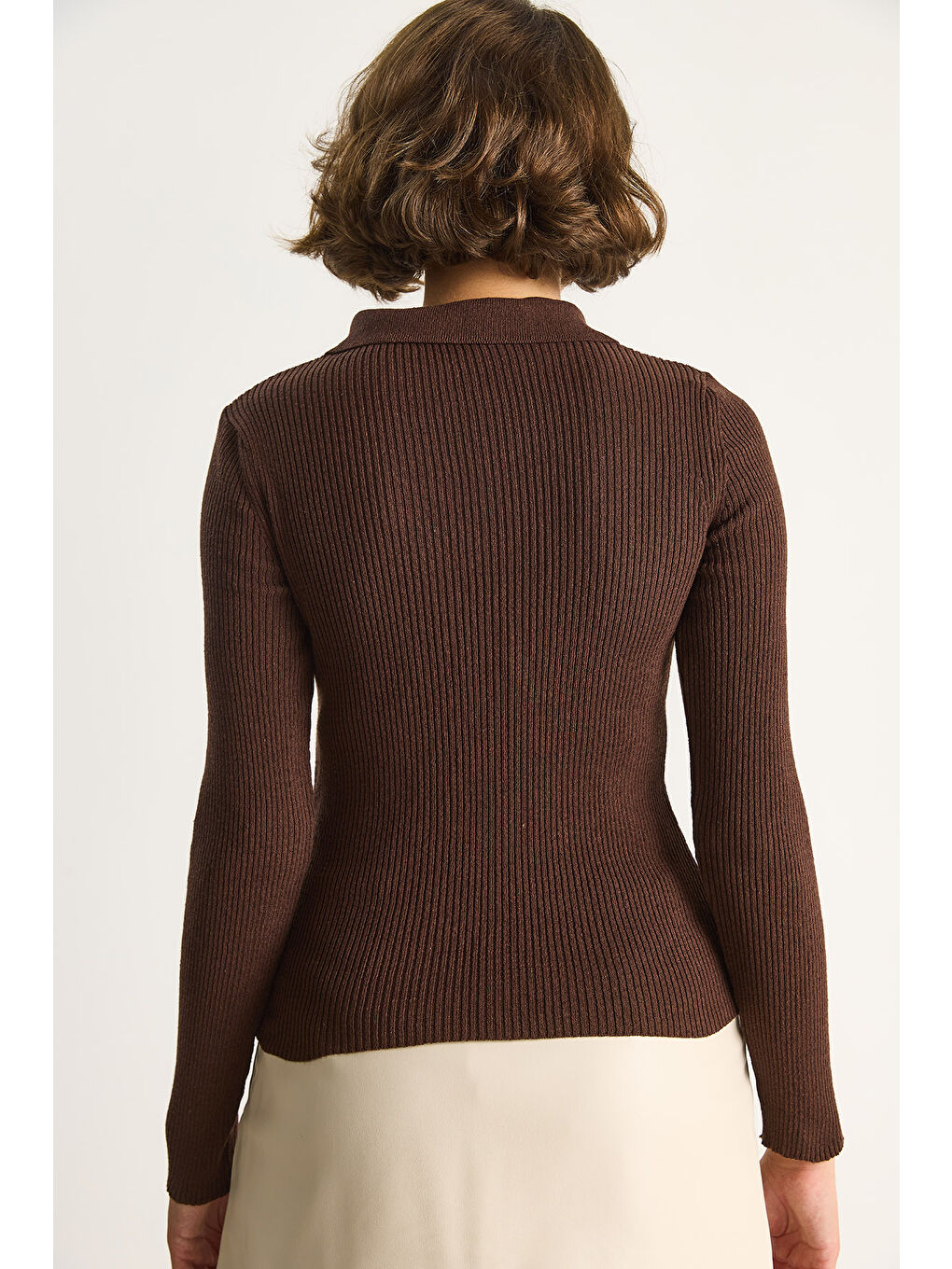 Kahverengi Kadın Fermuarlı Kazak-5