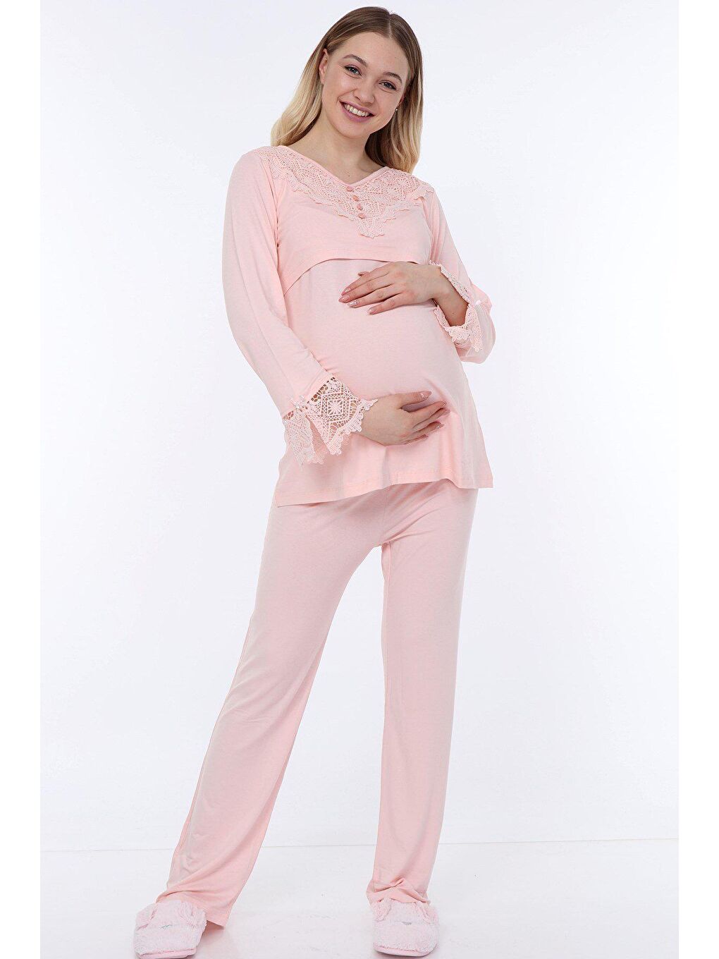 Luvmabelly Pembe Kadın Dantelli Flaplı Hamile Pijama Takımı