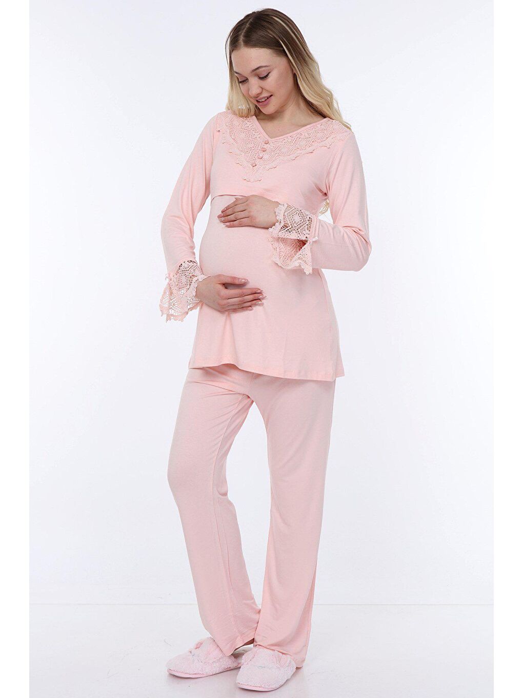 Luvmabelly Pembe Kadın Dantelli Flaplı Hamile Pijama Takımı - 1