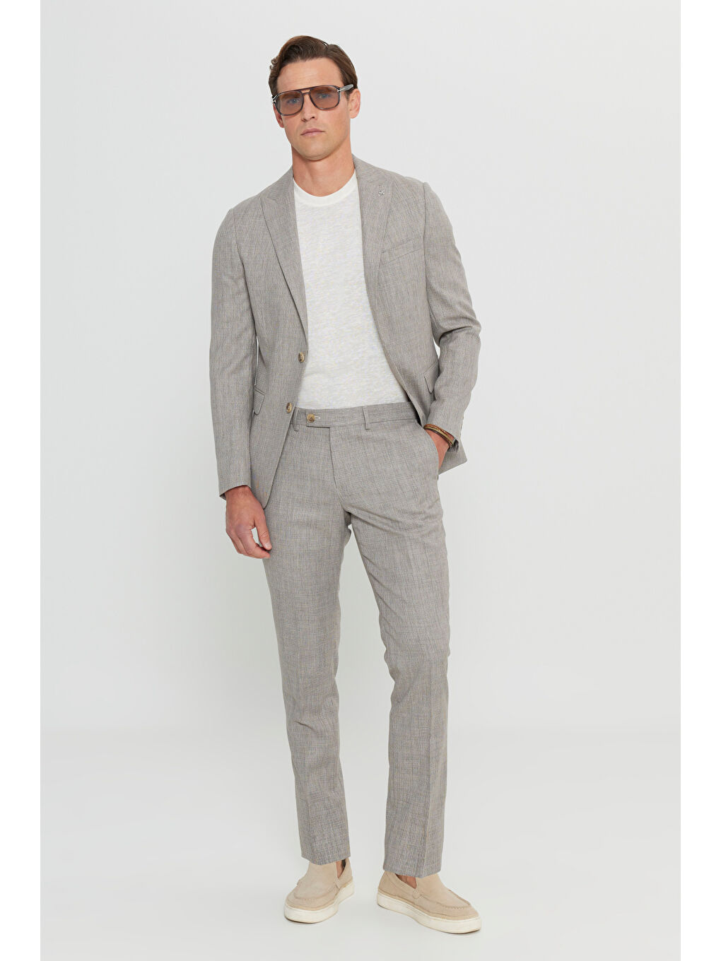 Kahverengi Erkek Açık Kahve Slim Fit Dar Kesim Kırlangıç Yaka Armürlü Kapak Cepli Esnek Takım Elbise-1